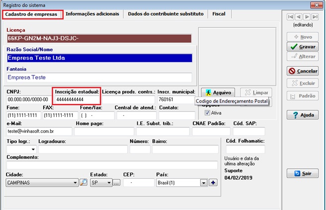 Aba Registro no Sistema