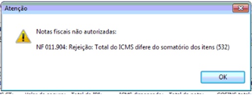 Rejeição 532 - Total do ICMS difere do somatório dos itens