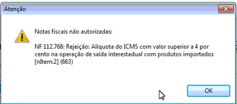 Rejeição 663 - Alíquota do ICMS com valor superior a 4%