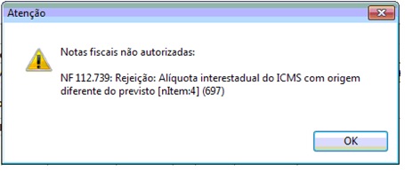 Rejeição 697 - Alíquota interestadual do ICMS com origem diferente do previsto