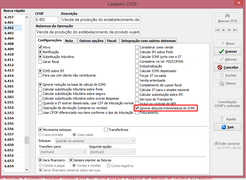 Rejeição 698 - Ignorar a alíquota interestadual do ICMS no cadastro de CFOP