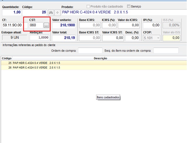 Rejeição 508 - CST do produto