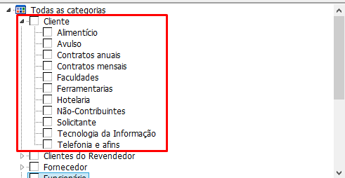 Categorias e subacategorias no cadastro de entidade