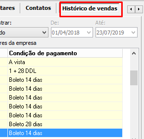 Informações do histórico de vendas, no Cadastro de Entidades