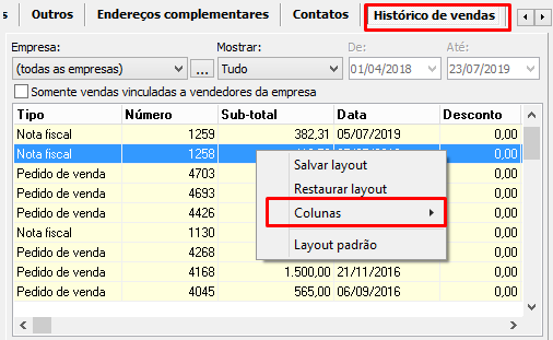 Alterações no layout do Histórico de Vendas, no cadastro de entidades