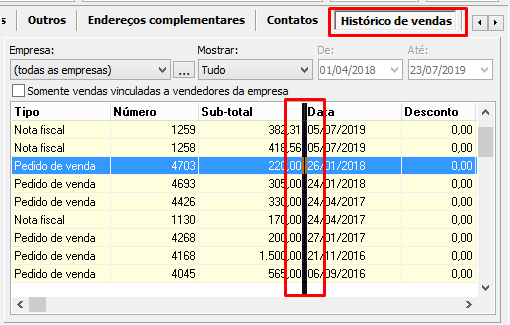 Alteração de layout da Aba Histórico de Vendas