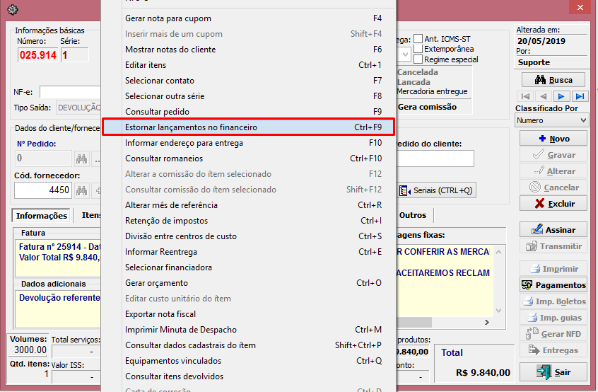 Rejeição - estornando lançamentos no financeiro