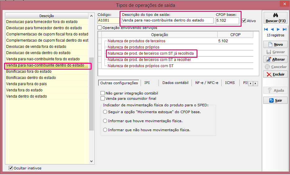 CFOP não configurada para natureza de produtos de terceiros