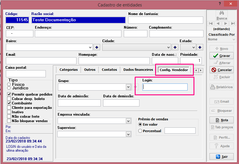 Configurações de Vendedor