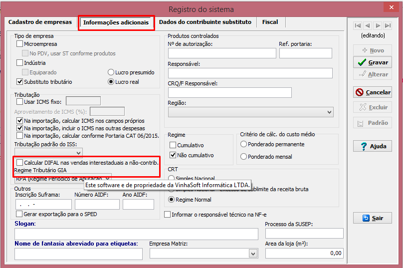 Registro do sistema - Informações Adicionais