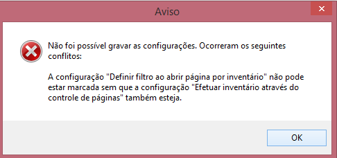 Mensagem de conflito ao tentar utilizar configurações que trabalham em conjunto