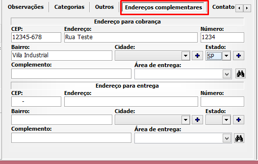 Aba de Endereços Complementares, no cadastro de entidades, no VSI Gestão