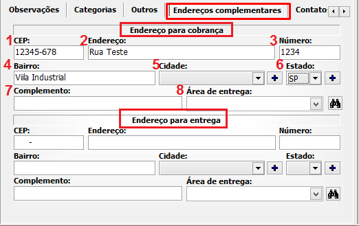 Aba Endereços Complementares, no cadastro de entidades, VSI Gestão