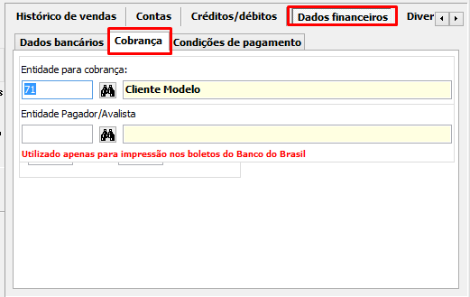 A Aba Dados Financeiros, no Cadastro de Entidades, no VSI Gestão