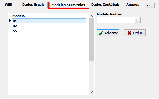 Aba Modelos Permitidos, no Cadastro de Entidades, no VSi Gestão