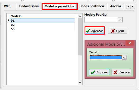 Aba Modelos Permitidos, no Cadastro de Entidades, no VSI Gestão