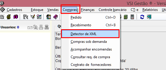 Menu do Detector de XML no VSI Gestão