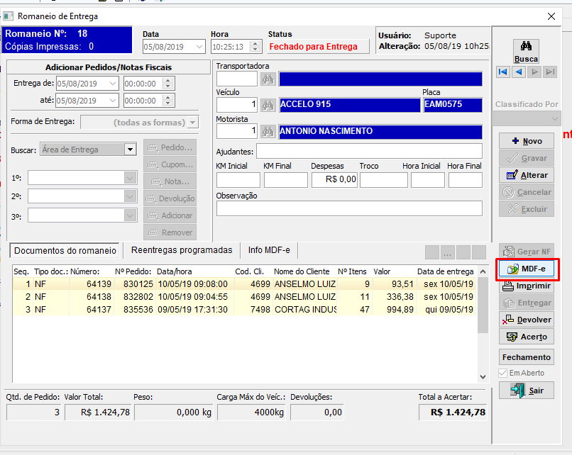 o botão MDFE no Romaneio de Entregas