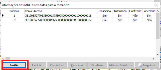 Informações dos MDF-es emitidos para o romaneio