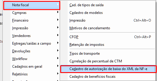 Caminho do Cadastro de autorização de baixa do XML da NF-e no VSI Gestão