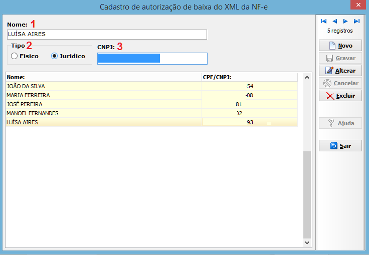 Tela do cadastro de autorização de baixa do XML da NF-e