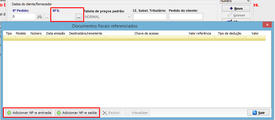 Tela para referenciar documentos fiscais na nota fiscal de serviços