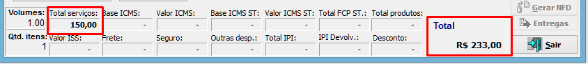 Total de uma nota fiscal de serviços com deduções de materiais