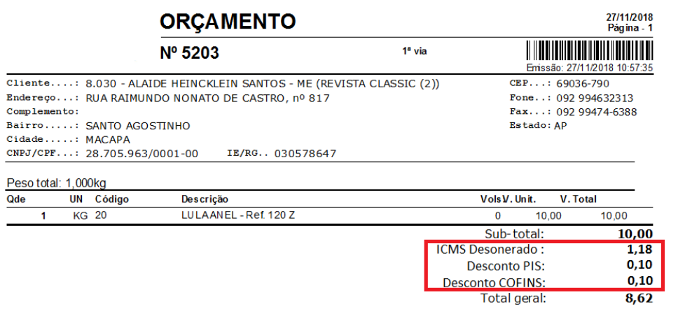 Orçamento com desconto do SUFRAMA