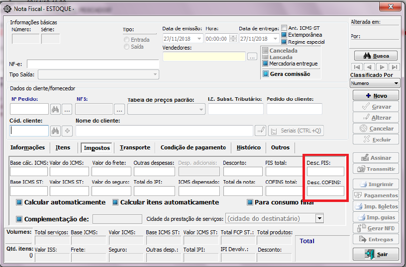 Campos próprios do desconto de PIS/COFINS na nota fiscal