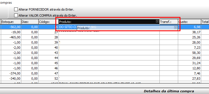 Arrastar colunas no Sugestão de Compras