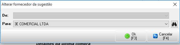 Opção da Alterar fornecedor do Sugestão de compras