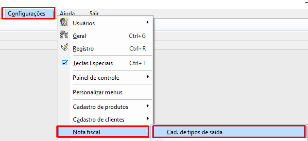 Acesso para o cadastro de tipos de saída no VSI Gestão