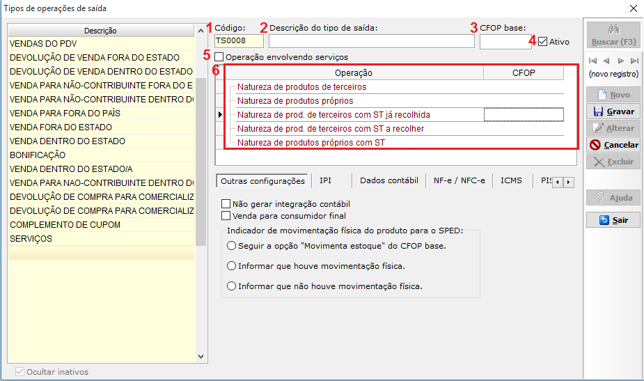 Cadastro de tipo de saída no VSI Gestão