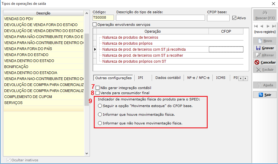 As opções da aba "Outras configurações" no Cadastro de tipo de saída