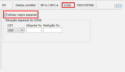 Aba ICMS do Cadastro de tipo de saída