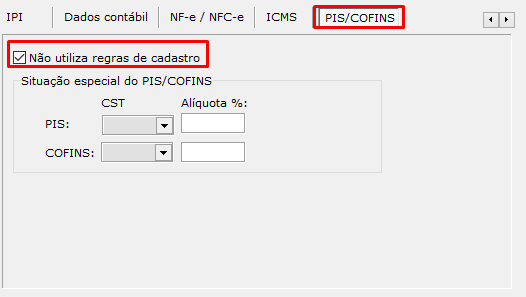 Aba PIS/COFINS do Cadastro de Tipo de Saída