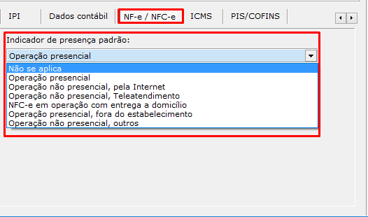 A aba de NF-e/NFC-e do Cadastro de tipos de saída no VSI Gestão