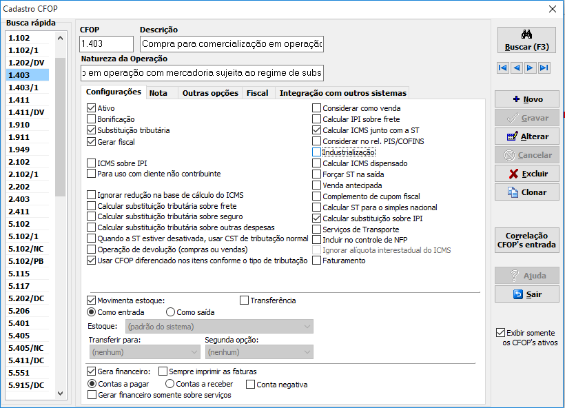 Cadastro de CFOP no VSI Gestão