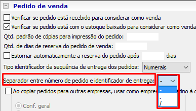 Configuração geral de separador entre número de pedido e identificador de entregas