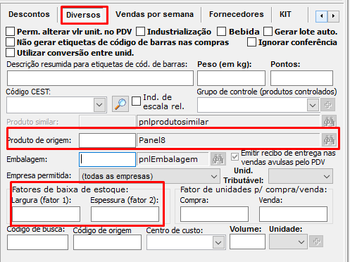 Aba diversos, do Cadastro de produtos, com configurações de produto de origem e derivado