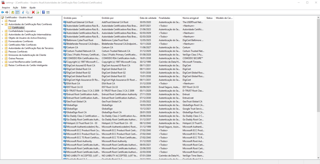 Certificados (Autoridades de Certificação Raiz Confiáveis)