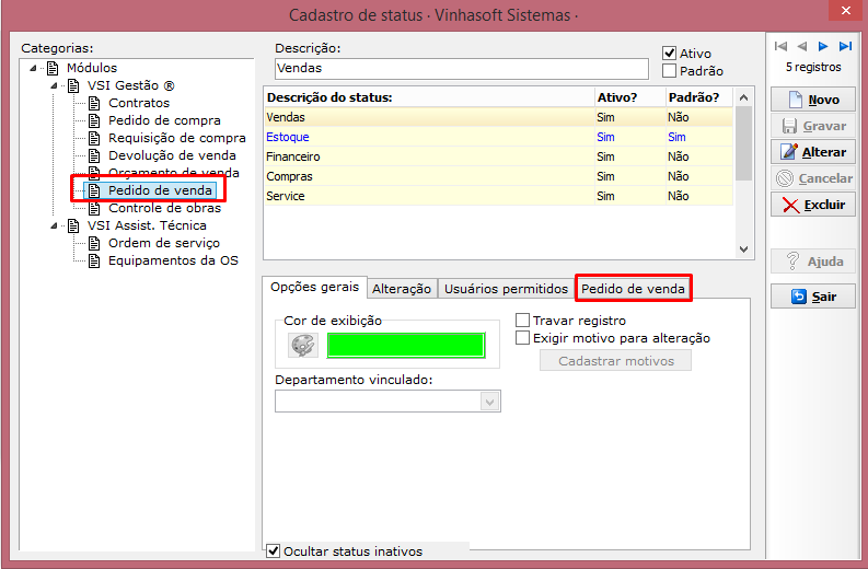 Cadastro de status do pedido de venda - opções para vinculação