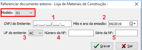 Modelo 01 - Opções de documento do Referenciar documento externo