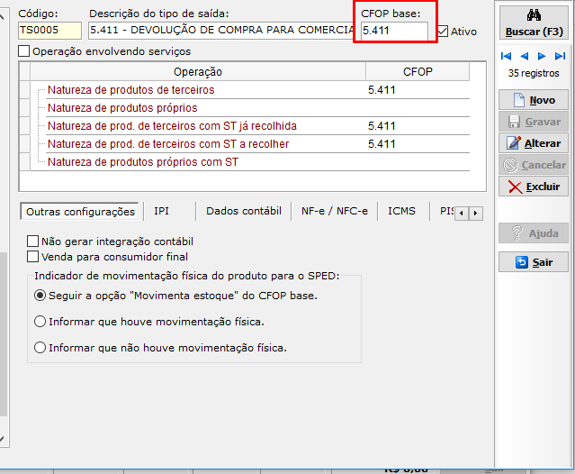 CFOP base do tipo de saída do VSI Gestão