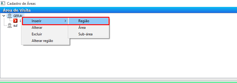 Cadastro de Áreas - Opção de Inserir região