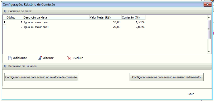 Tela dodas Configurações do Relatório de Comissão do VSI Gestão (plug-in)