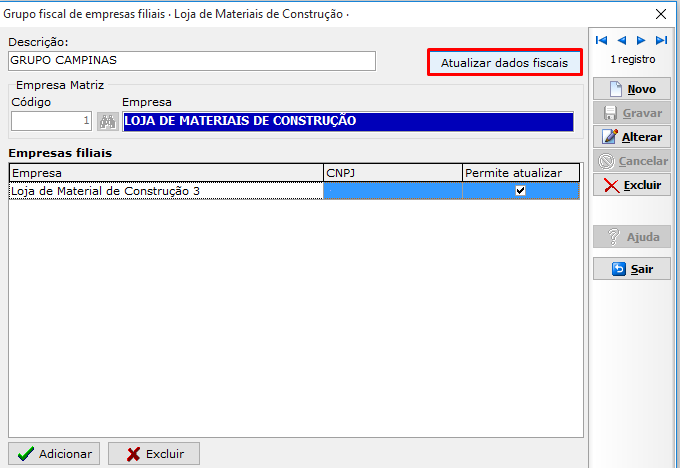 Grupo fiscal de empresas filiais - Atualizar dados fiscais