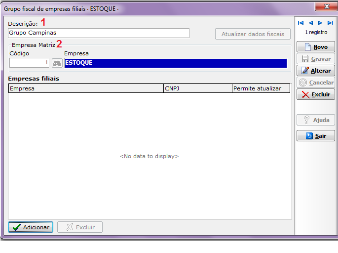 Cadastro do Grupo fiscal de empresas filiais