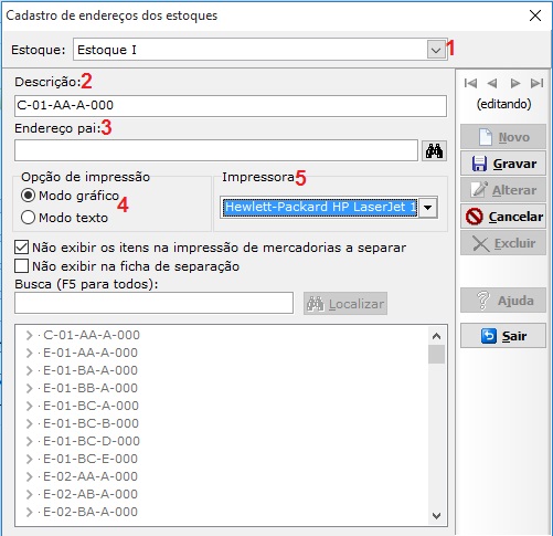Cadastro de endereços de estoques - Vínculo de impressoras