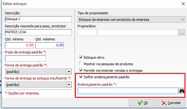 Definindo um endereçamento padrão nas configurações do estoque